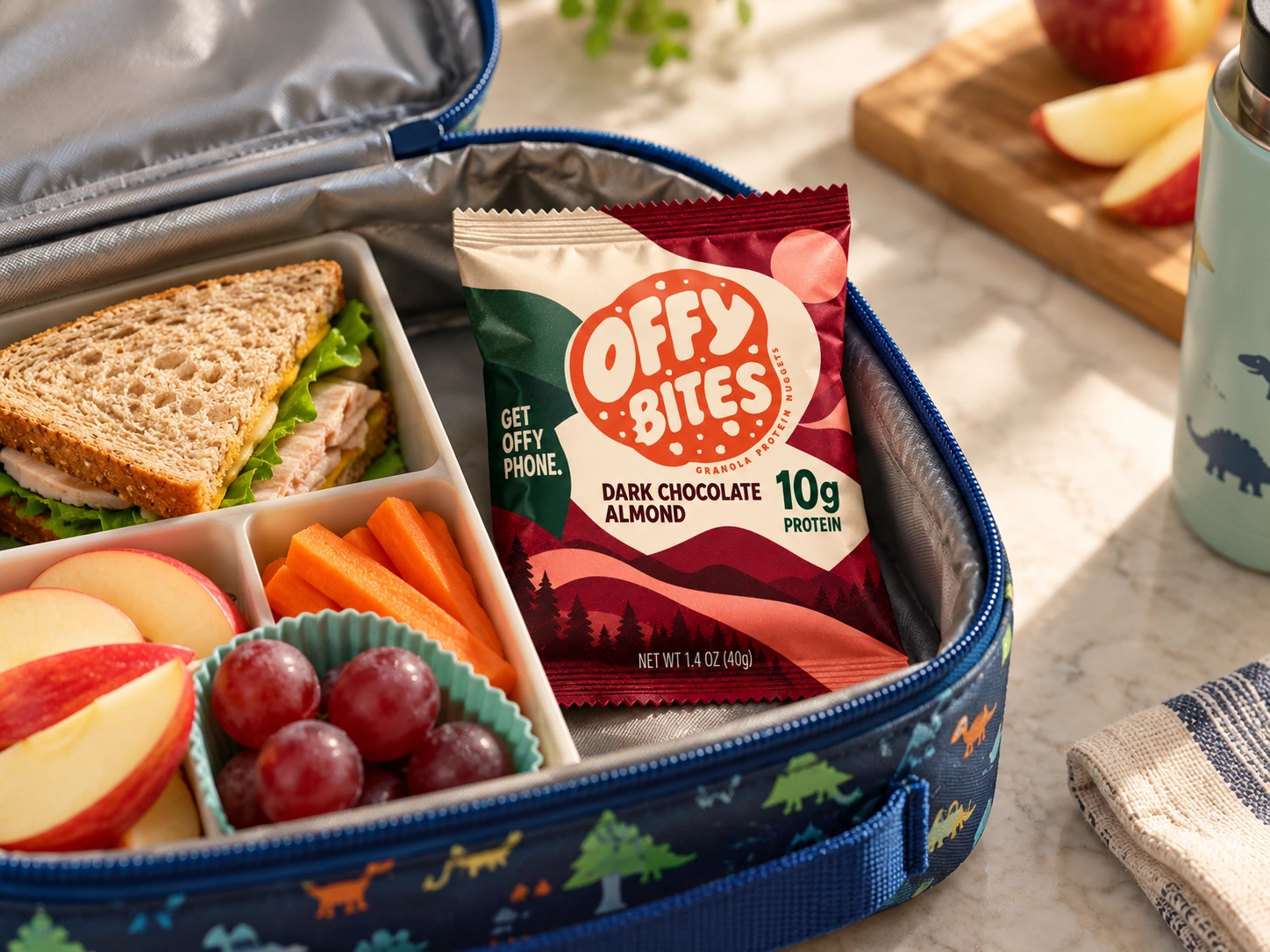 OFFY BITES packaging in a lunchbox
